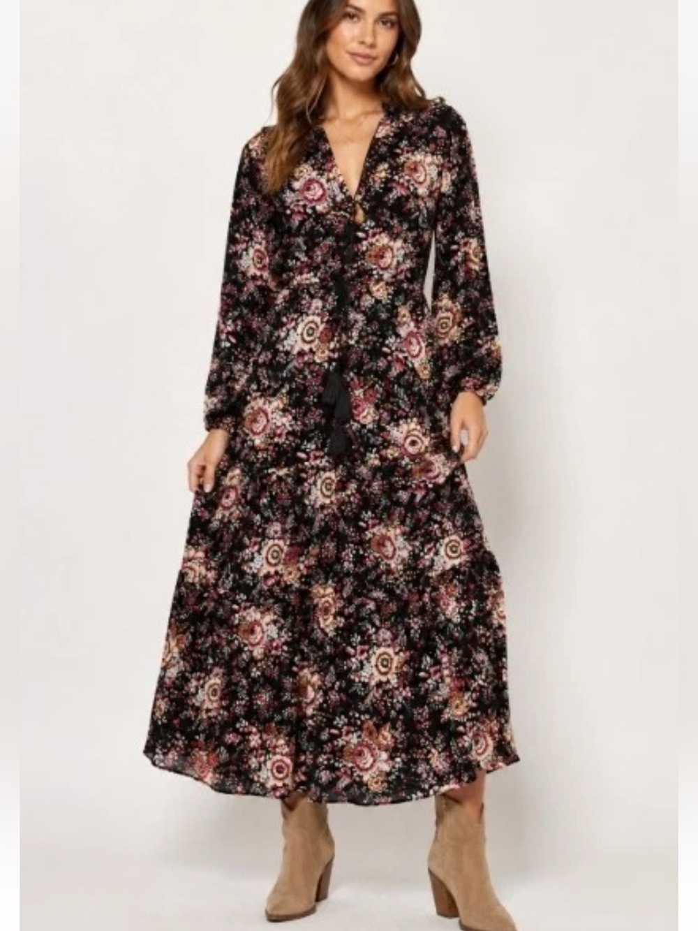 NEW! Mille Resort Natalia Maxi Dress in Bloomsbury Dark Floral Boho Tassles XS
